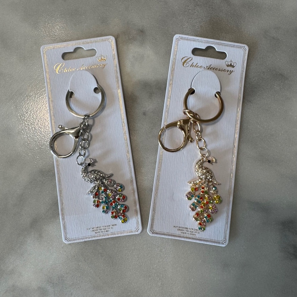 Chloe Accessory Peacock Rhinestone Keychains Purse Charms Silver Gold Choice of1